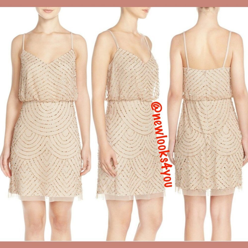 NEW Adrianna Papell Art Deco Sequin Blouson‎ Dress in Champagne/Gold [ 0 2 14 ]